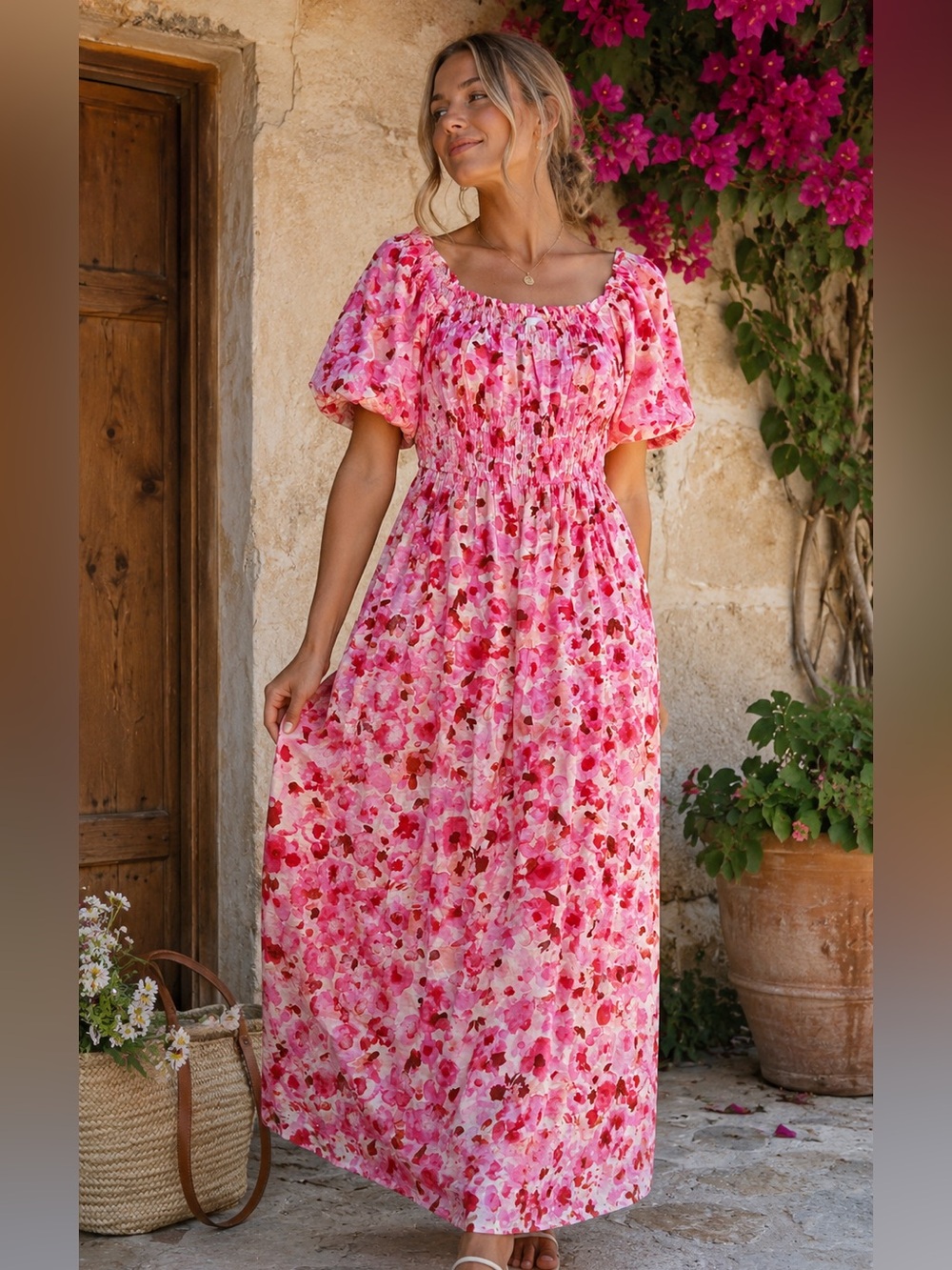 H&M Pink XL Floral Smocked Puff Sleeve Maxi Dress Cottagecore Romantic